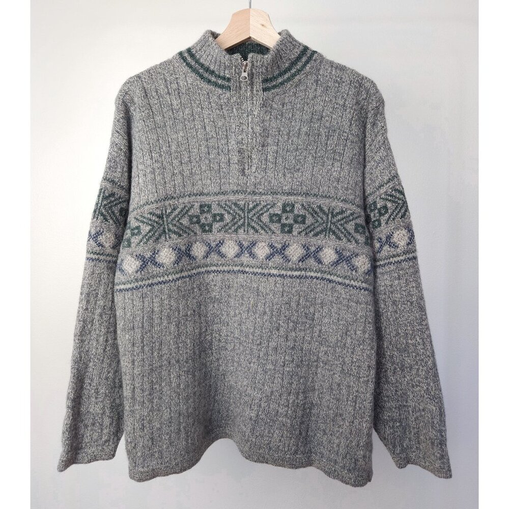Vintage wool, silk Nordic snowflakes zip neck knitted sweater pullover jumper